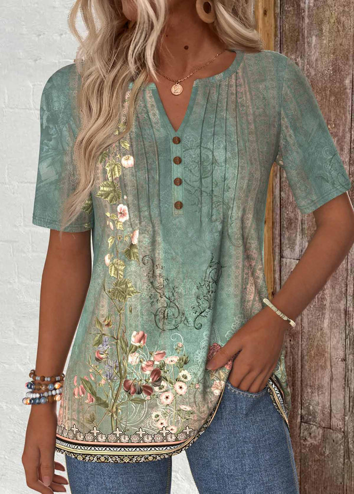 Sage Green Tuck Stitch Random Floral Print T Shirt