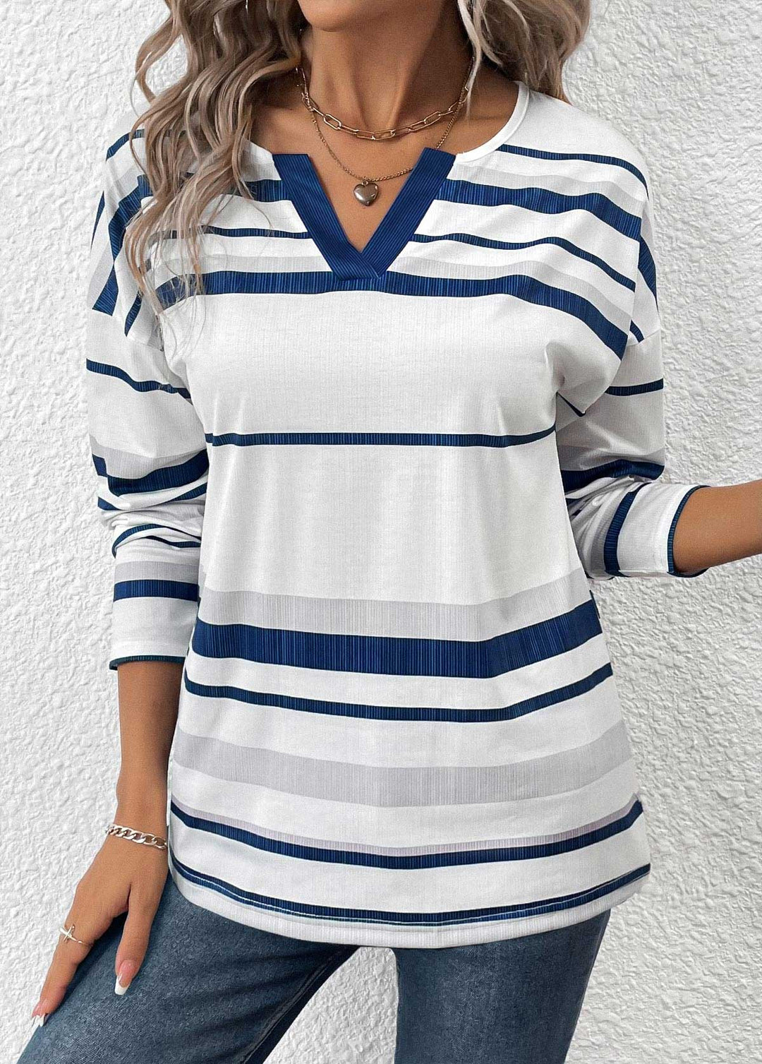 White Patchwork Striped Long Sleeve Split Neck T Shirt