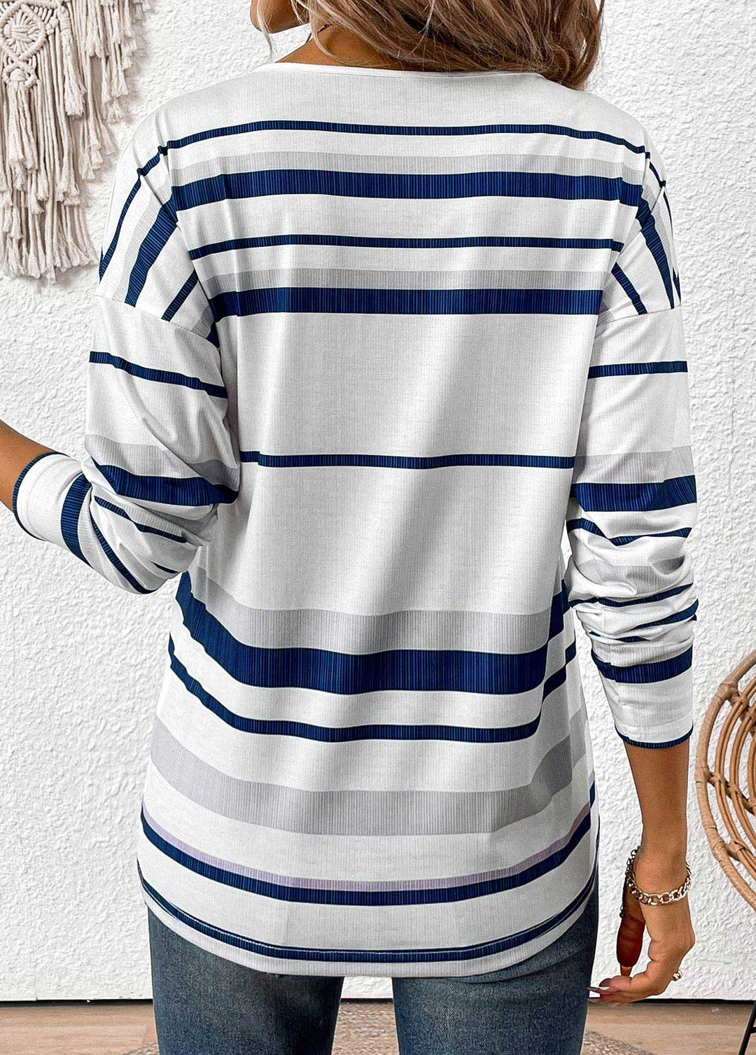 White Patchwork Striped Long Sleeve Split Neck T Shirt