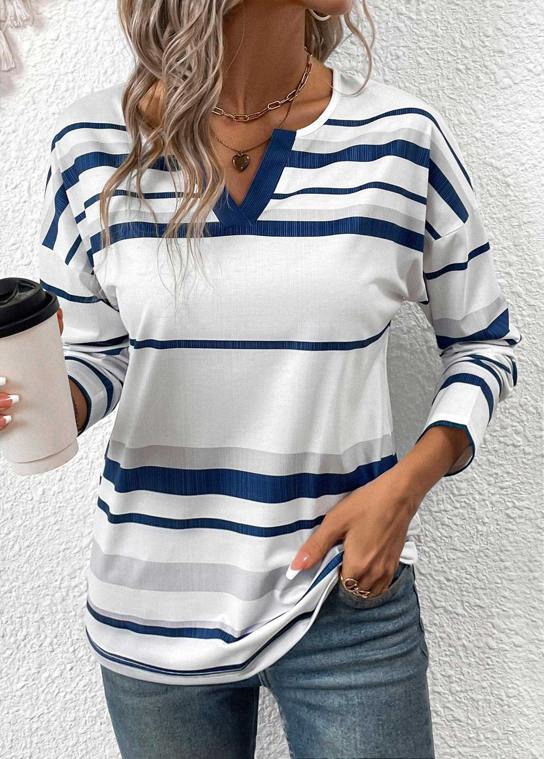 White Patchwork Striped Long Sleeve Split Neck T Shirt