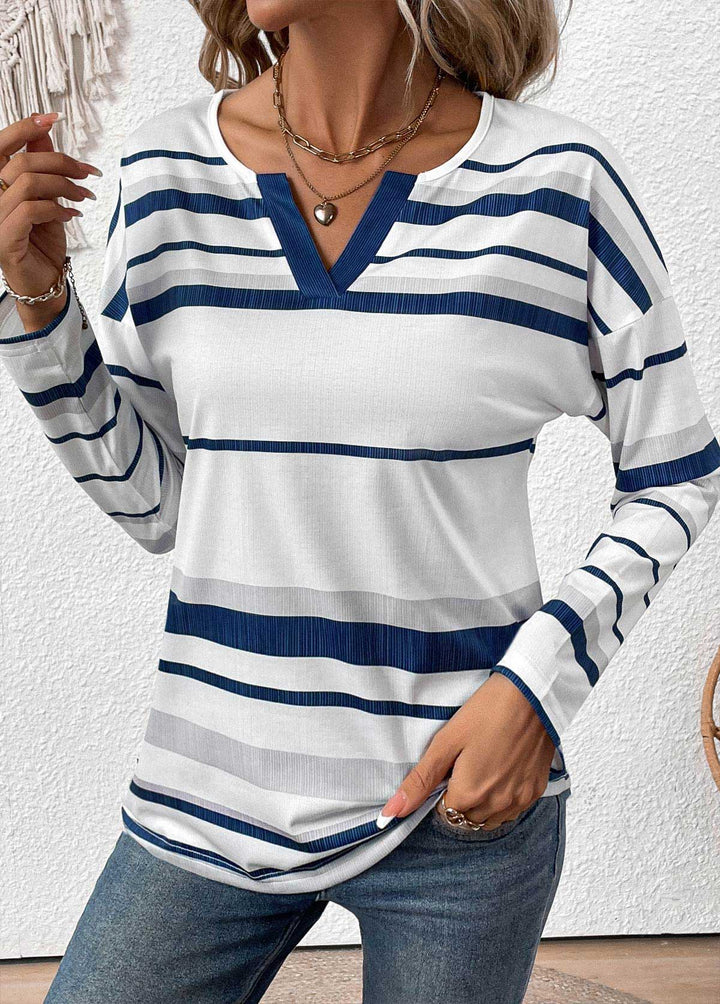 White Patchwork Striped Long Sleeve Split Neck T Shirt