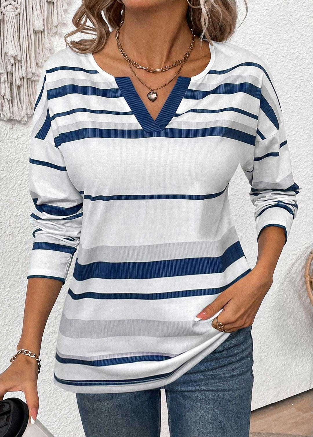 White Patchwork Striped Long Sleeve Split Neck T Shirt