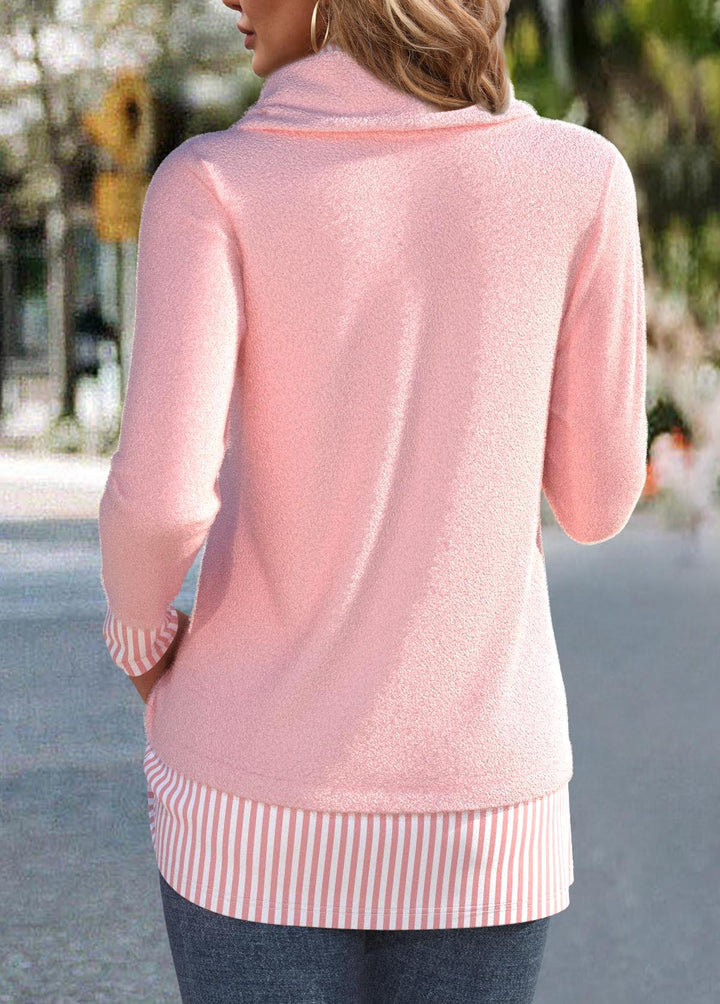 Light Pink Patchwork Striped Long Sleeve Cowl Neck Sweatshirt