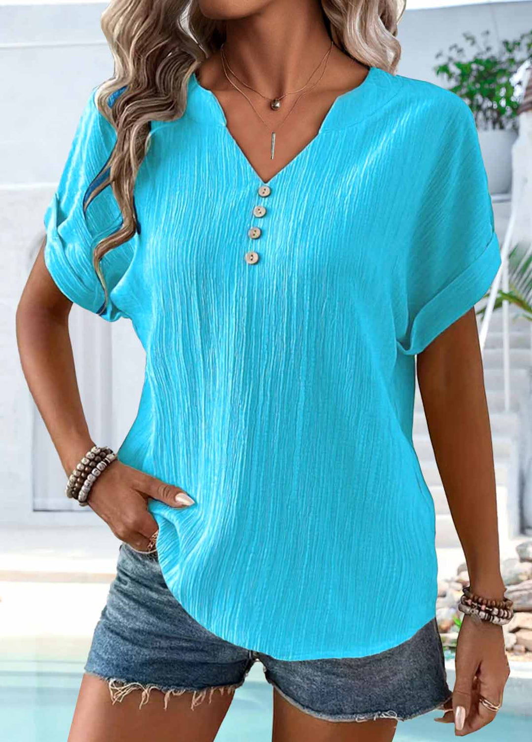 Short Sleeve T-shirt with Split Neck and Blue Button