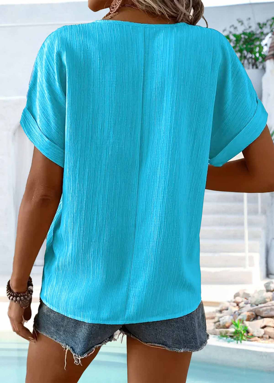 Blue Button Short Sleeve Split Neck T Shirt