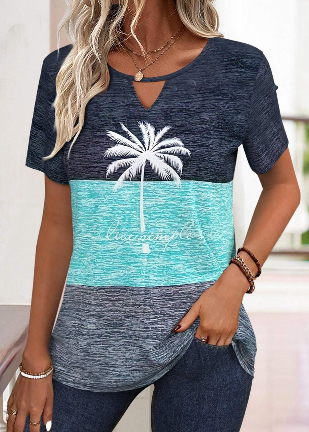 Dark Blue Cut Out Geometric Print T Shirt