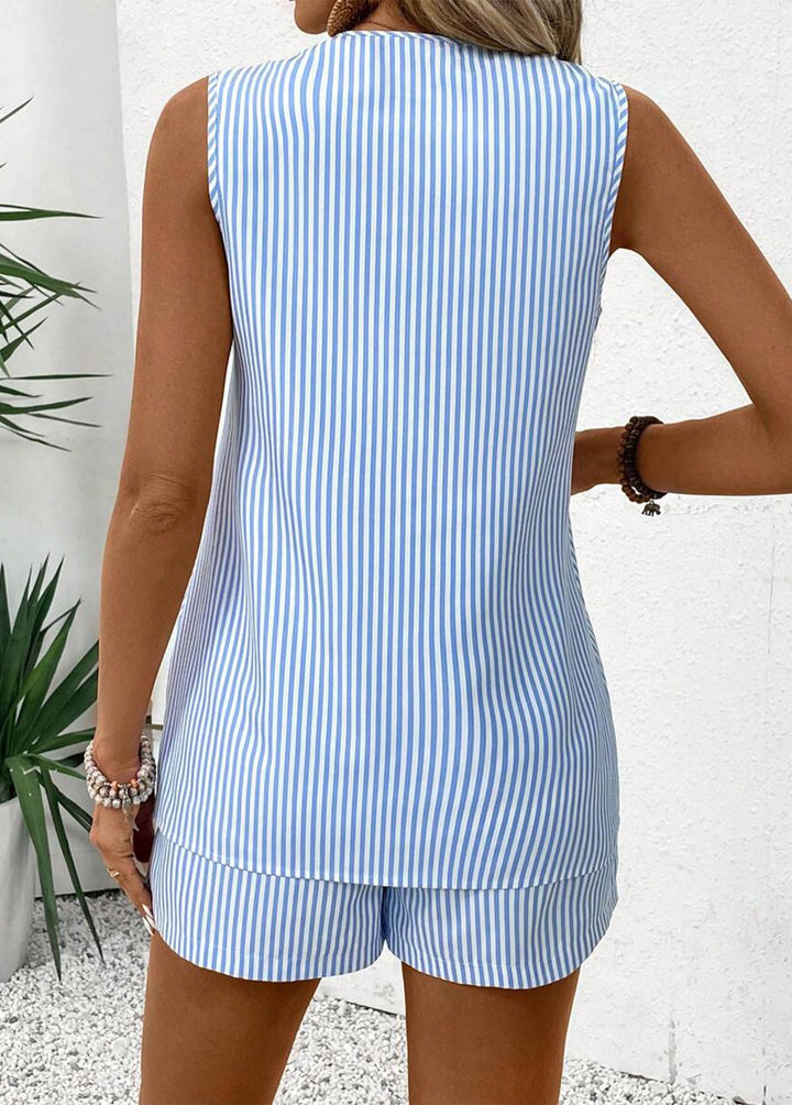 Sleeveless Striped Top with Sky Blue Eyelets and Shorts