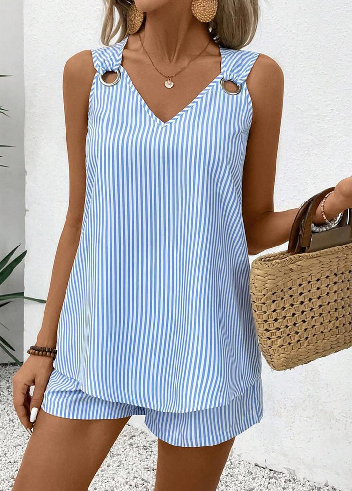 Sleeveless Striped Top with Sky Blue Eyelets and Shorts