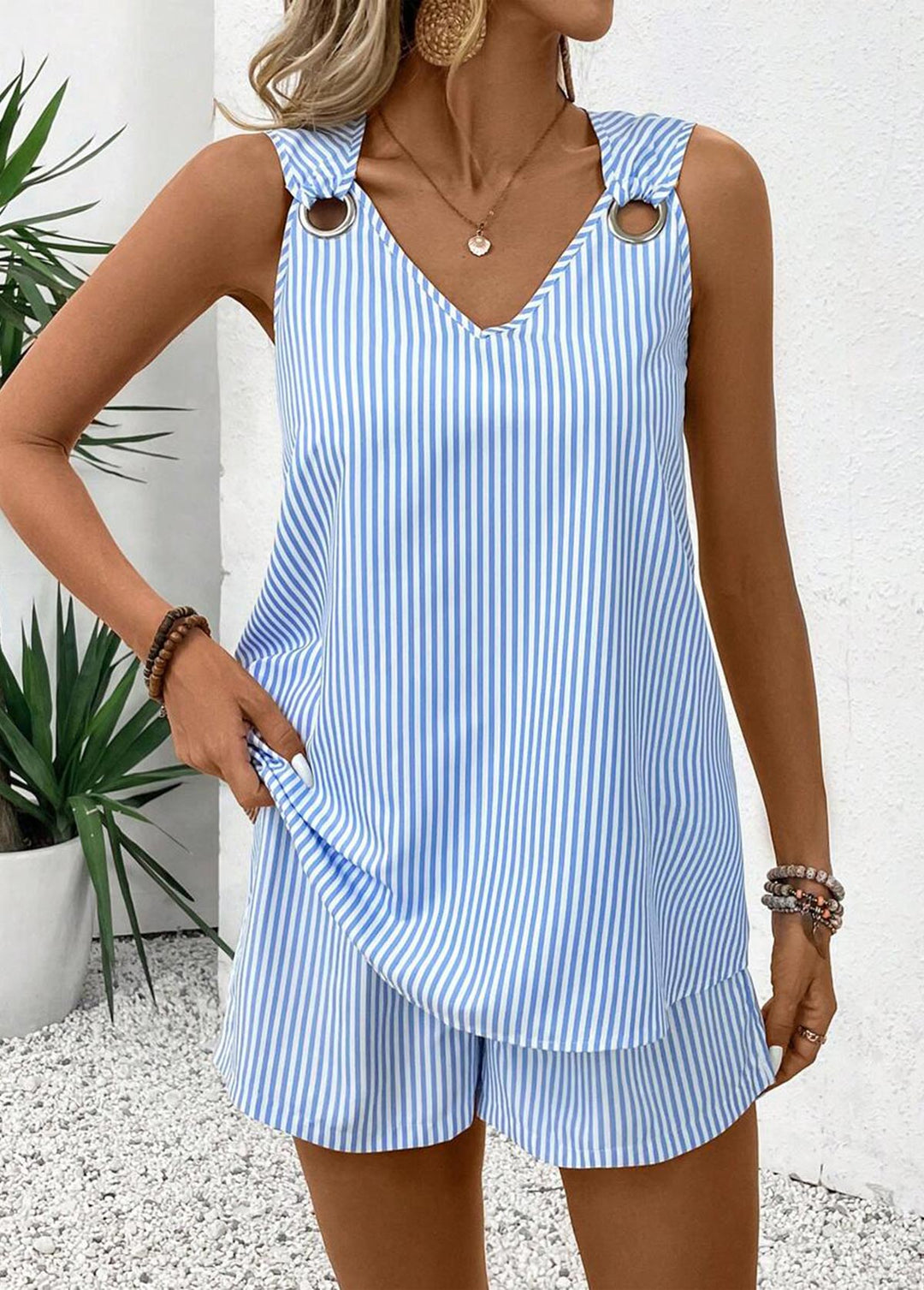 Sky Blue Eyelet Striped Sleeveless Top and Shorts