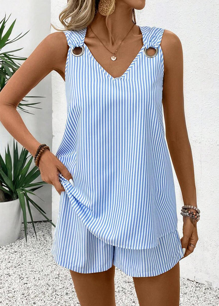 Sleeveless Striped Top with Sky Blue Eyelets and Shorts