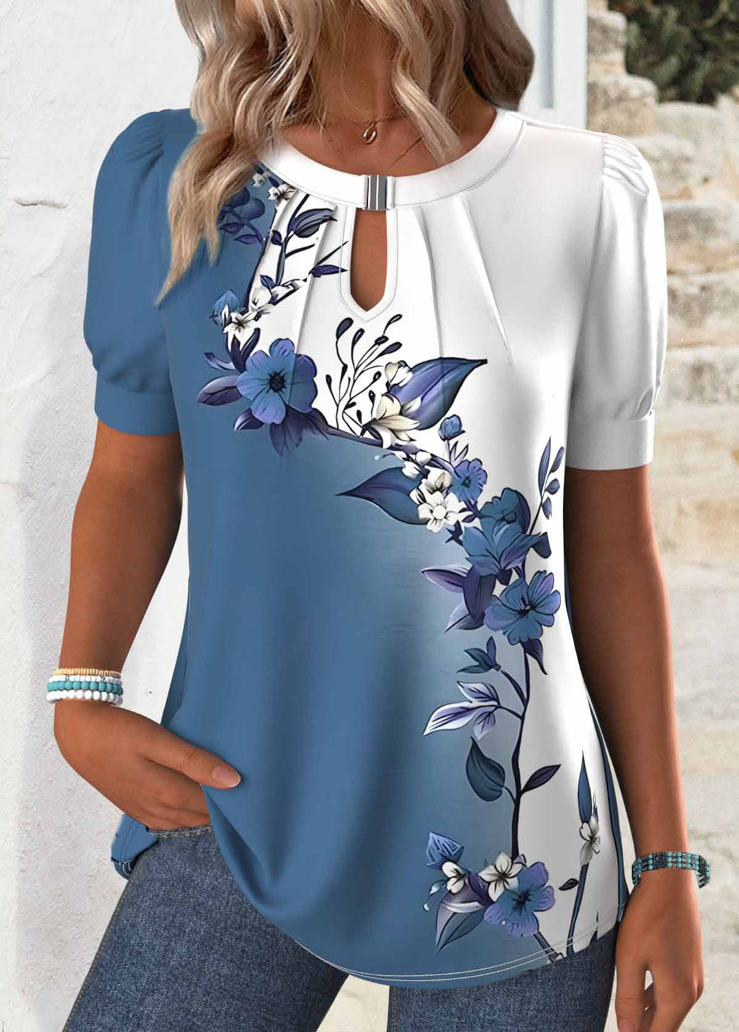 White Cut Out Floral Print Short Sleeve T Shirt