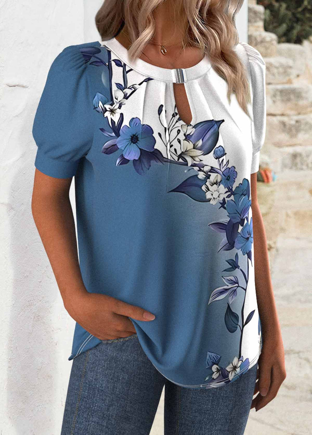 White Cut Out Floral Print Short Sleeve T Shirt