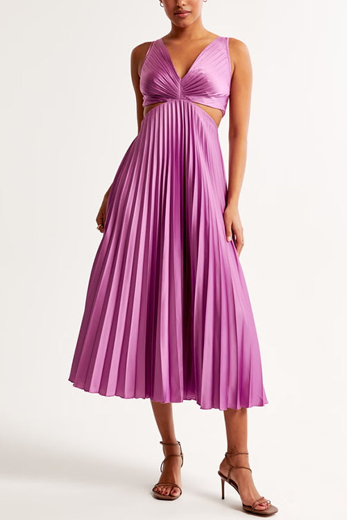 V Neck Cut Out Waist Sleeveless Pleated Maxi Dress (7 Colors Available!)