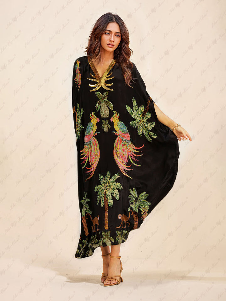 Unique Drop Shoulder Sleeve Coconut Tree Printed Dress