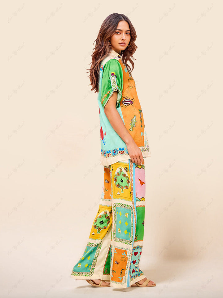 Funny Summer Unique Print Elastic Waist Pocketed Wide Leg Pants