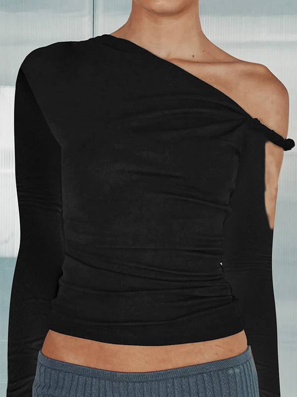 One-shoulder slant collar pleated long-sleeved T-shirt