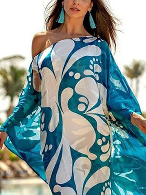 Contrast Color Printed Split-Joint Batwing Sleeves Loose One-Shoulder Maxi Dresses