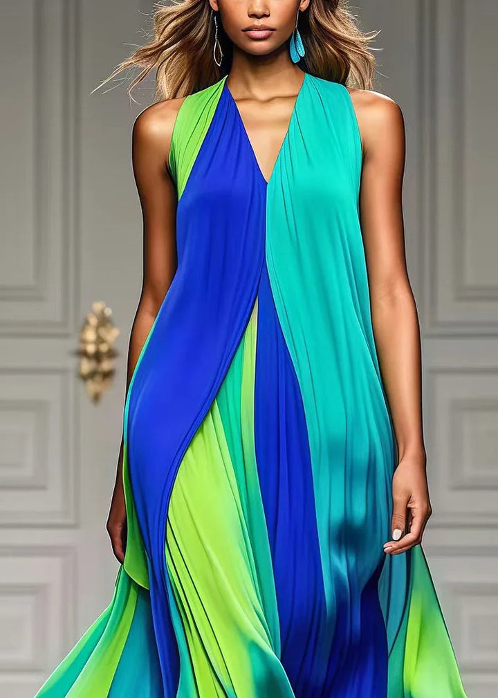 Modern Colorblock V Neck Patchwork Exra Large Hem Chiffon Beach Dress Summer