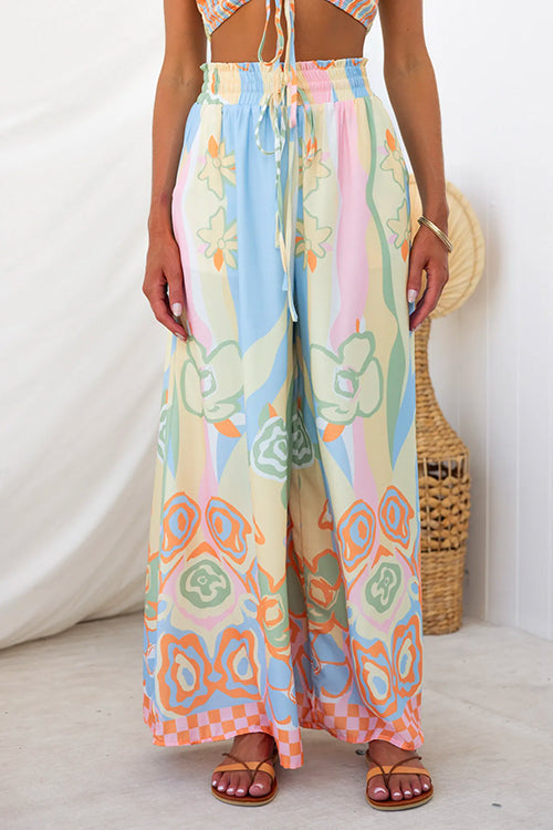 Drawstring Elastic Waist Printed Wide Leg Palazzo Pants