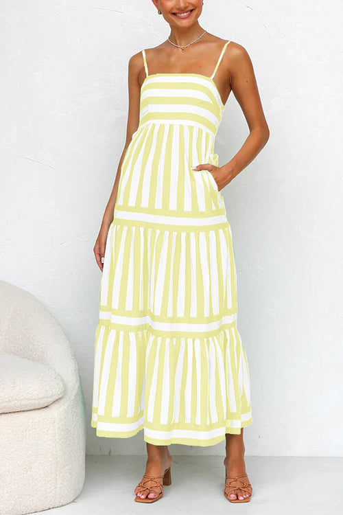 Margovil Spaghetti Strap Tiered Color Block Striped Maxi Dress