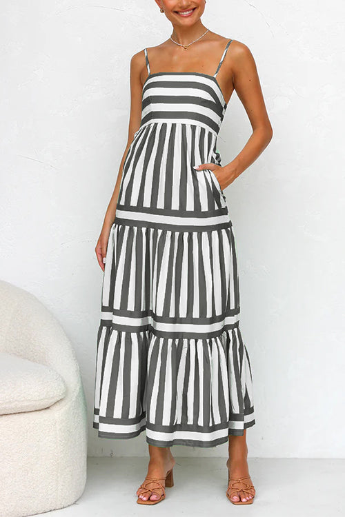 Margovil Spaghetti Strap Tiered Color Block Striped Maxi Dress