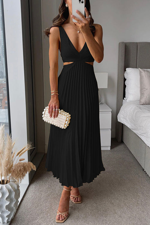 V Neck Cut Out Waist Sleeveless Pleated Maxi Dress (7 Colors Available!)