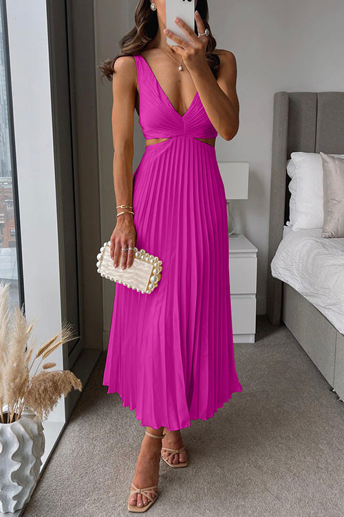 V Neck Cut Out Waist Sleeveless Pleated Maxi Dress (7 Colors Available!)