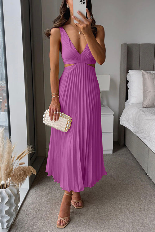 V Neck Cut Out Waist Sleeveless Pleated Maxi Dress (7 Colors Available!)