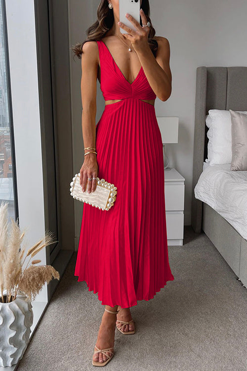 V Neck Cut Out Waist Sleeveless Pleated Maxi Dress (7 Colors Available!)