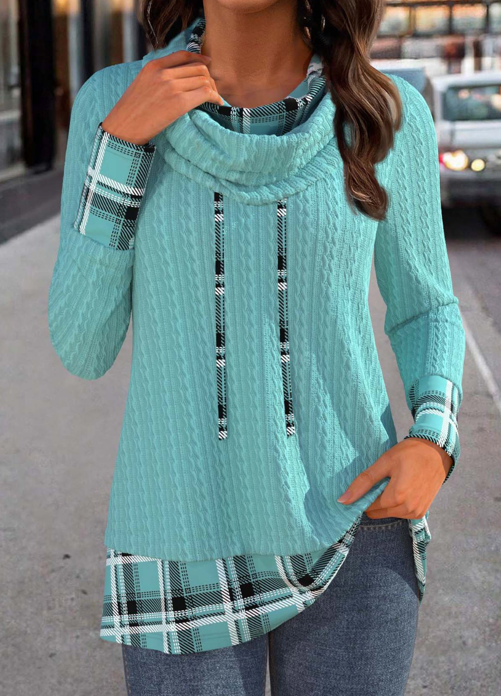 Light Pink Patchwork Striped Long Sleeve Cowl Neck Sweatshirt