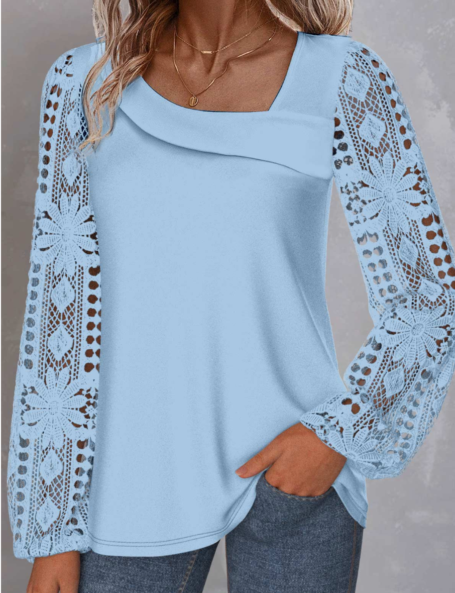 White Lace Long Sleeve Asymmetrical Neck Blouse