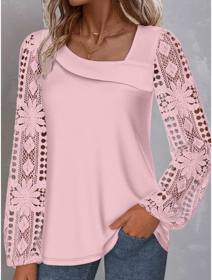 White Lace Long Sleeve Asymmetrical Neck Blouse