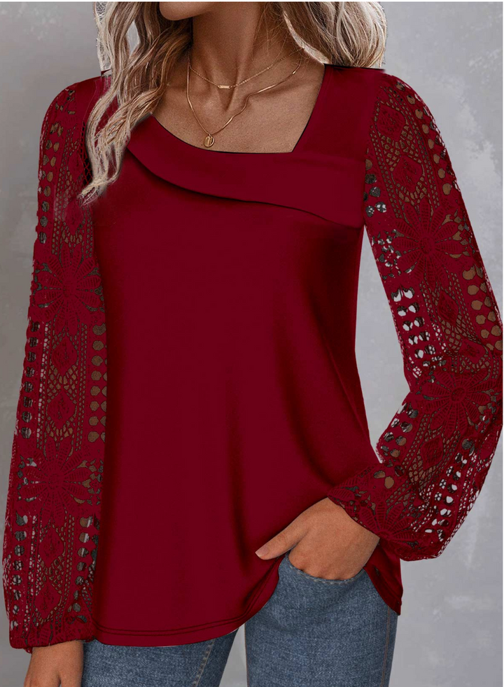 White Lace Long Sleeve Asymmetrical Neck Blouse