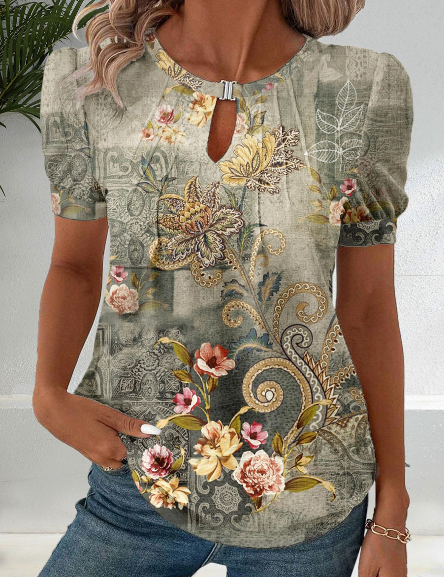 White Cut Out Floral Print Short Sleeve T Shirt