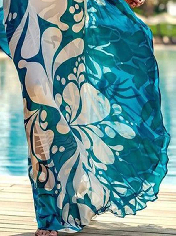 Contrast Color Printed Split-Joint Batwing Sleeves Loose One-Shoulder Maxi Dresses