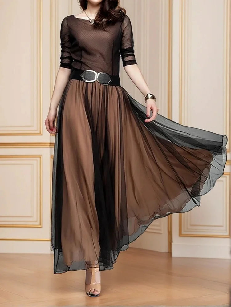 Elegant Plain Boat Neck Flowy Hem Maxi Dress