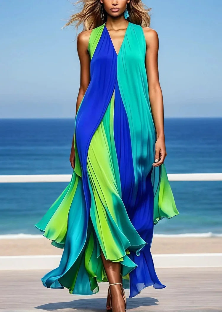 Modern Colorblock V Neck Patchwork Exra Large Hem Chiffon Beach Dress Summer