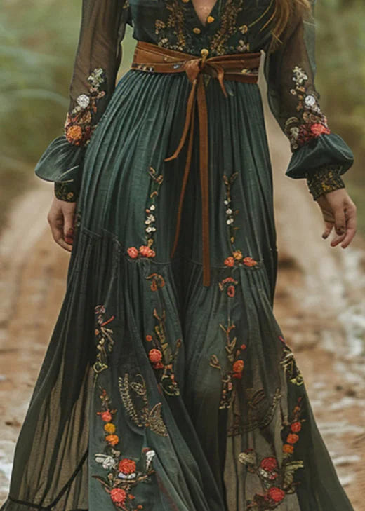 Boho Green Peter Pan Collar Print Wrinkled Cotton Long Dresses Fall